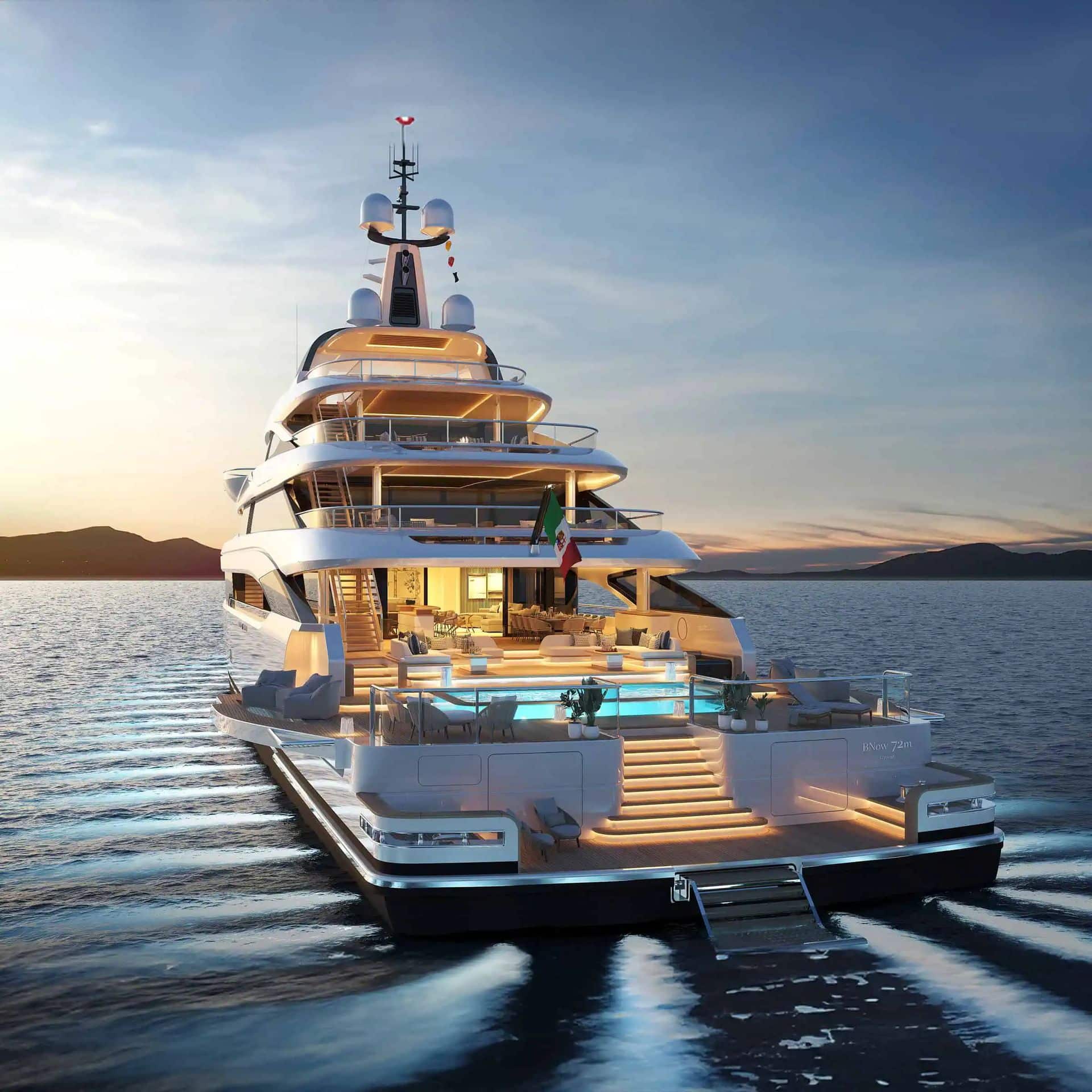 Benetti B.Now 72M superyacht at sunset, its Oasis Deck pool seen from the stern